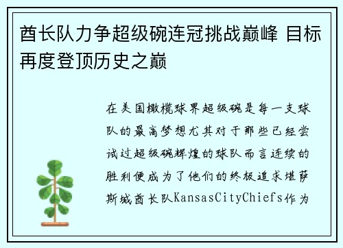 酋长队力争超级碗连冠挑战巅峰 目标再度登顶历史之巅